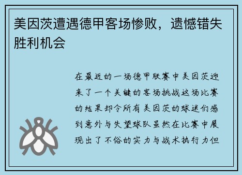 美因茨遭遇德甲客场惨败，遗憾错失胜利机会