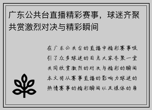广东公共台直播精彩赛事，球迷齐聚共赏激烈对决与精彩瞬间
