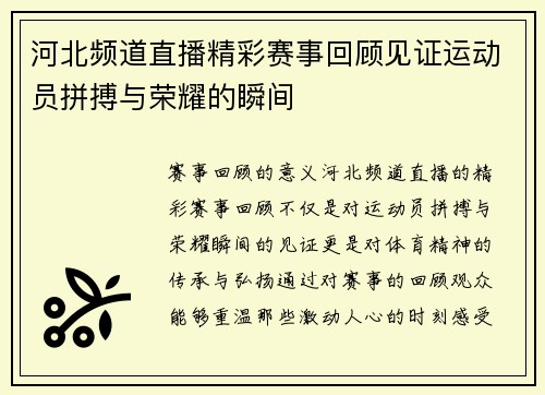 河北频道直播精彩赛事回顾见证运动员拼搏与荣耀的瞬间