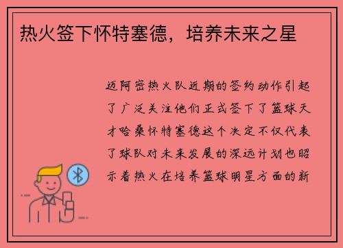 热火签下怀特塞德，培养未来之星